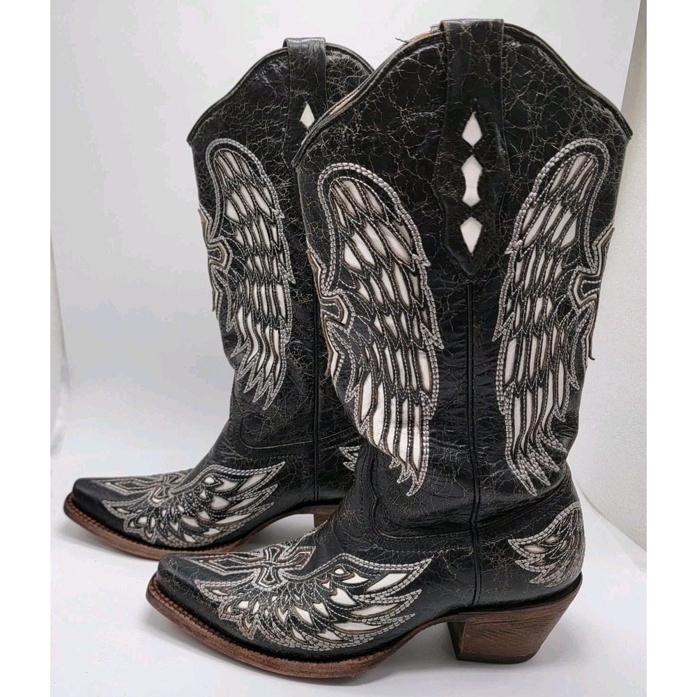 Corral Boots Women's Leather Cross & Wings White Black Overlay Snip Toe Sz 8M